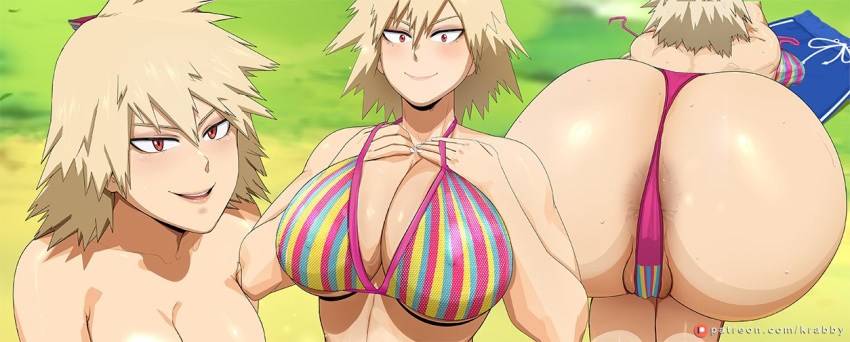 ass asshole_behind_thong big_ass bikini blonde_hair breasts camera krabby_(artist) mature_female milf mitsuki_bakugou mother my_hero_academia swimsuit