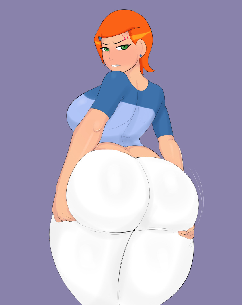 1girls alternate_breast_size ben_10 big_breasts blush blushing capri_pants cartoon_network clothed clothed_female clothes clothing color dat_ass ear_piercing facing_away female female_focus female_only fully_clothed g3mma ginger_hair grabbing grabbing_ass grabbing_own_ass green_eyes gwen_tennyson huge_ass large_breasts light-skinned_female light_skin looking_at_viewer pale-skinned_female pale_skin pants shirt short_hair sideboob simple_background solo solo_female solo_focus thick_thighs voluptuous wide_hips