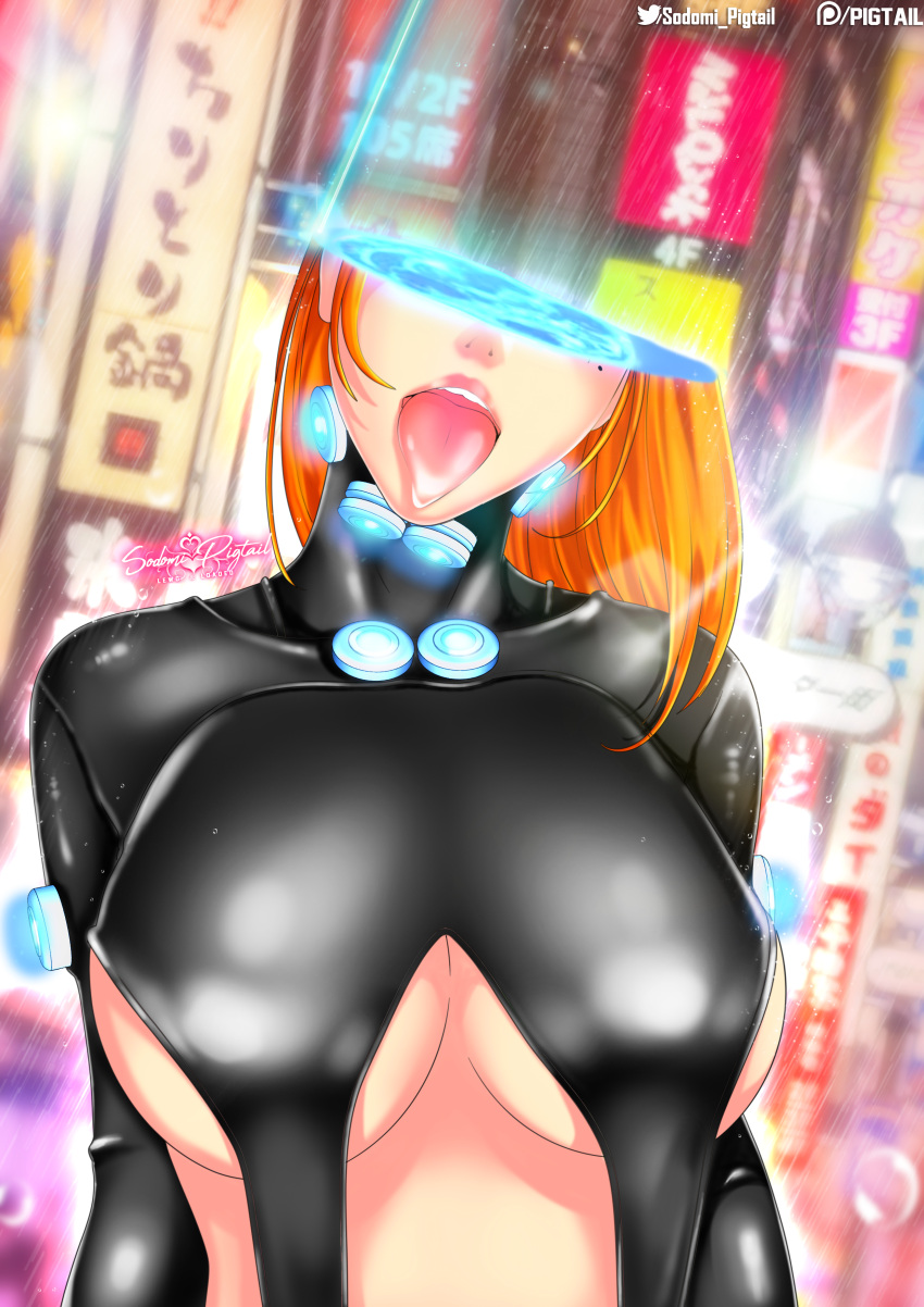 black_bodysuit bodysuit breasts cosplay cosplayer cyberpunk disintegration dying egirl fanart gantz gantz_(cosplay) gantz_suit ginger large_breasts meowri mole orange_hair real_person red_hair revealing_clothes sci-fi seductive_mouth sodomi_pigtail tongue_out