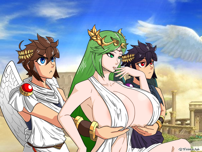 1girls 2boys alternate_version_available areolae ashentrickster big_breasts big_nipples breast_hold breast_support dark_pit enormous_breasts female female_focus finger_to_face green_hair hands_under_breasts holding_breast holding_up_breasts huge_breasts kid_icarus kid_icarus_uprising male meme nintendo palutena parody pink_nipples pit_(kid_icarus) pose servants_holding_aphrodite's_breasts_(meme) super_smash_bros. voluptuous