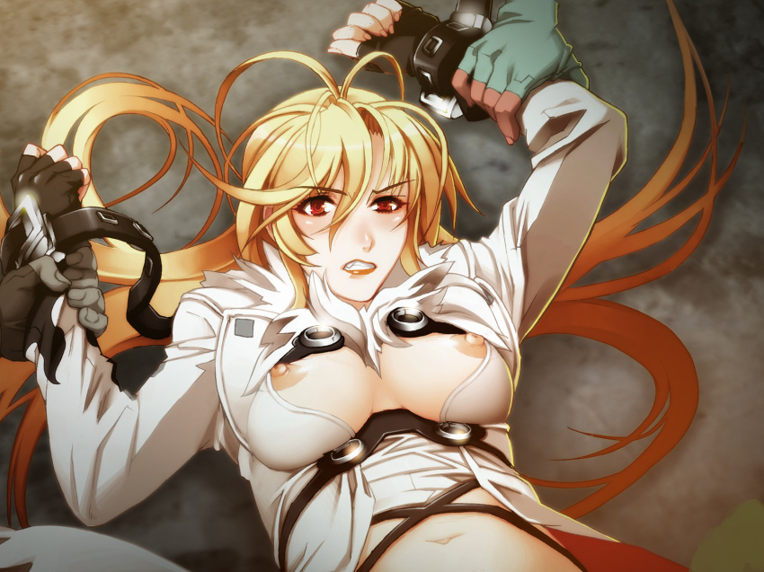 assisted_rape belt blonde_hair breasts coat color donne_anonime female fingerless_gloves gloves highres human imminent_rape long_hair medium_breasts nipples nishii_(nitroplus) nitroplus partially_clothed red_eyes solo_focus torn_clothes tsuzuki_satsuriku_no_jango