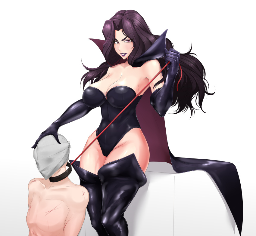 1boy battletoads black_boots black_hair black_legwear bondage boots breasts bruise dark_queen elbow_gloves female femdom gloves leotard long_hair makeup nofuture purple_eyes slave thigh_boots