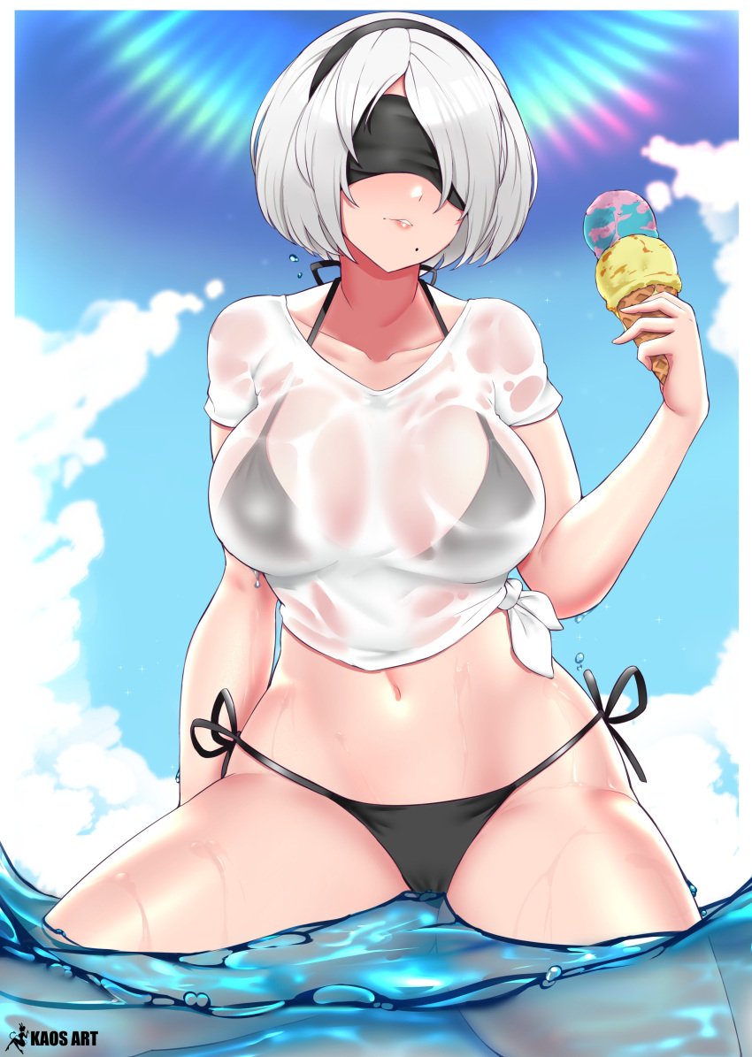 1girls 2021 android android_girl artist_signature bare_legs beach beauty_mark bikini black_bikini blindfold blindfolded blue_sky breasts female female_focus female_only food hairband head_tilt hi_res holding_object ice_cream kaos_art large_breasts low_neckline mole_under_mouth nier:_automata nier_(series) outdoors see-through see-through_clothing short_hair side-tie_bikini square_enix sunlight thick_thighs thighs water wet wet_shirt white_border white_hair white_shirt yorha_2b