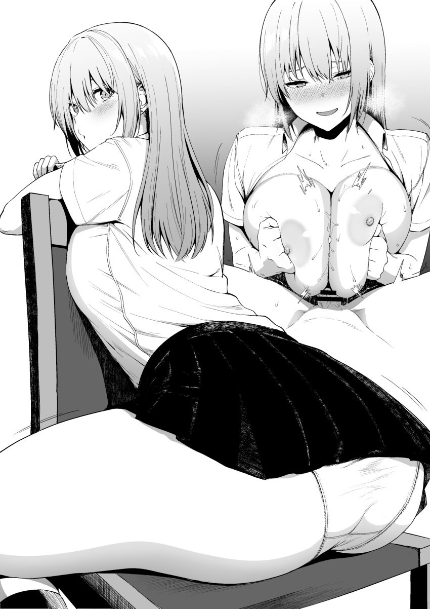 1boy amano_don ass back bangs blush breast_squeeze breasts collared_shirt female greyscale highres large_breasts long_hair looking_at_viewer monochrome multiple_views nipples original paizuri panties penis shirt short_sleeves sitting skirt smile straight thighs