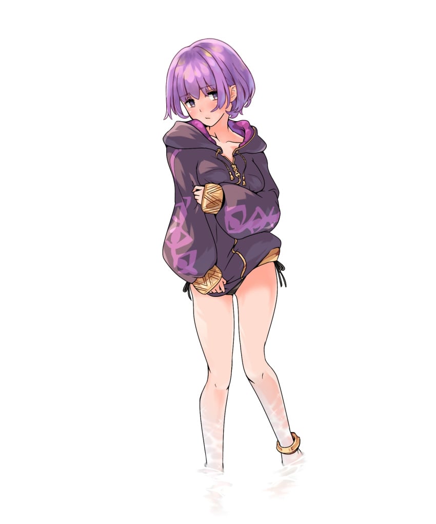 1girls bare_legs black_panties coat_only embarrassed female fire_emblem fire_emblem:_new_mystery_of_the_emblem fire_emblem_awakening hoodie katarina_(fire_emblem) looking_at_viewer medium_hair momiahair nintendo panties purple_eyes purple_hair robin_(fire_emblem)_(cosplay) solo solo_female white_background