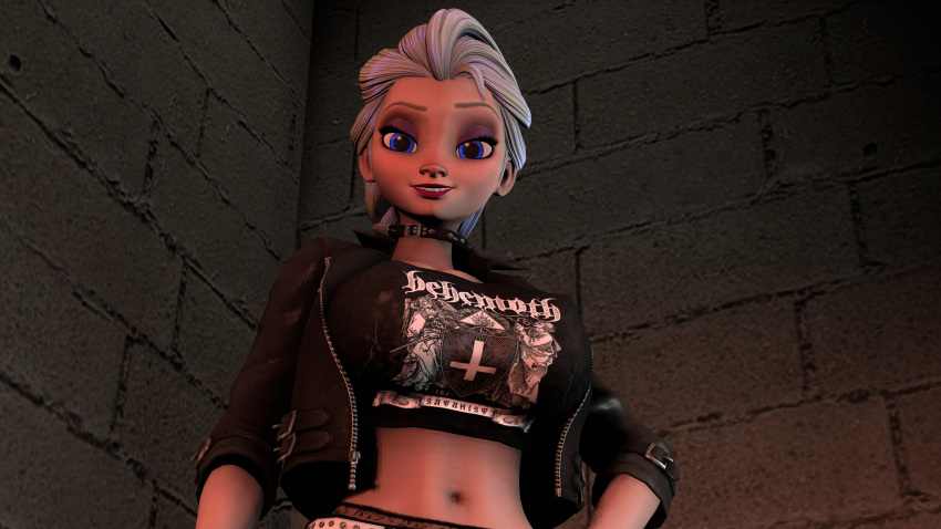 1girls 3d 3d_(artwork) 4k absurd_res belly belly_button big_breasts blue_eyes breasts crop_top disney elsa_(frozen) female frozen_(film) futivesfm goth goth_girl gothic hi_res human large_breasts leather_jacket looking_at_viewer looking_down medium_breasts navel outdoor sfm smile smiling source_filmmaker spiked_collar street teeth white_hair white_skin