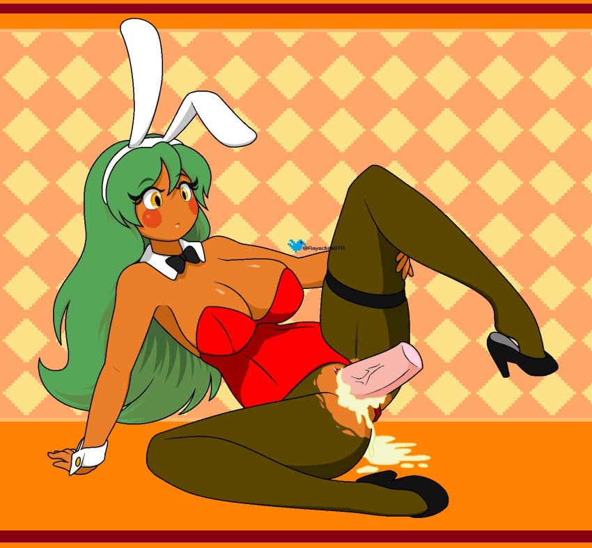 bunnysuit cum cum_in_pussy cum_inside food_creature fruit fruit_humanoid green_hair orange_(fruit) orange_body orange_skin orangejuicemann poppy_(orangejuicemann) rayachan tagme