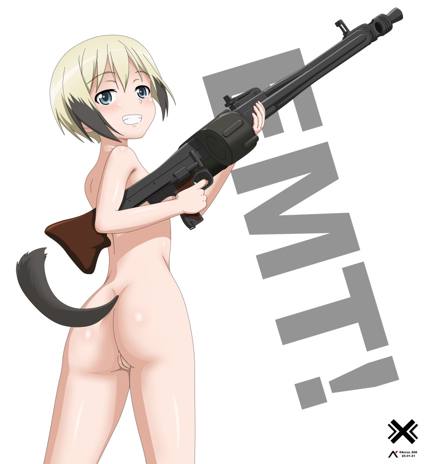 1girls absurdres acrux ass blue_eyes blush breasts cleft_of_venus dog_tail erica_hartmann eyebrows_visible_through_hair female grin gun highres looking_at_viewer mg42 nude pussy rifle shiny shiny_hair shiny_skin short_hair small_breasts smile solo standing strike_witches tail two_tone_hair weapon world_witches_series