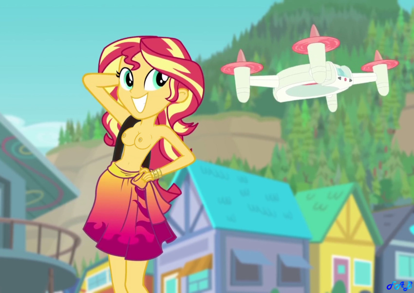 1girls accurate_art_style armpits beach breasts casual drone edit edited_screencap equestria_girls fab3716 forgotten_friendship friendship_is_magic hasbro my_little_pony nipples partially_nude pinup pinup_pose public sarong selfie selfie_drone sunset_shimmer topless topless_female