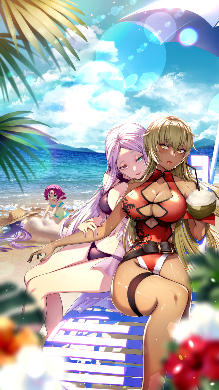 4girls absurdres alcohol alternate_costume beach beach_chair beach_umbrella bikini blonde_hair blush breasts buried cleavage cluseller coconut commission dark-skinned_female dark_skin fae_(fire_emblem) female_only fire_emblem fire_emblem:_the_binding_blade fruit_cup green_eyes hat heterochromia highres huge_filesize idunn_(fire_emblem) igrene_(fire_emblem) large_breasts long_hair manakete multiple_girls nintendo one-piece_swimsuit open_mouth pink_hair purple_hair red_eyes red_swimsuit shore skeb_commission sky sophia_(fire_emblem) straw_hat swimsuit thighs umbrella yellow_eyes