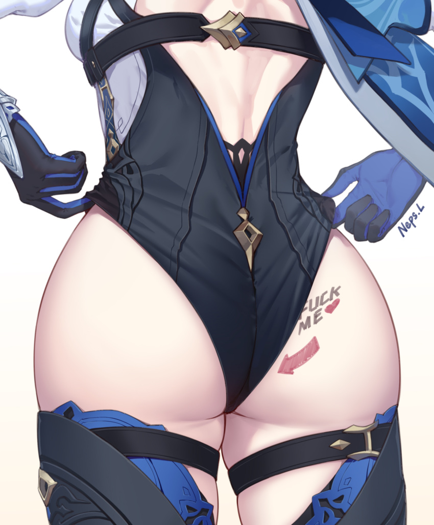 1girls artist_name ass ass_focus back back_view backless_outfit body_writing boots english_text eula_(genshin_impact) female female_focus female_only from_behind genshin_impact heart hi_res huge_ass inviting leotard neps-l pointing solo text thick_thighs thigh_boots wide_hips