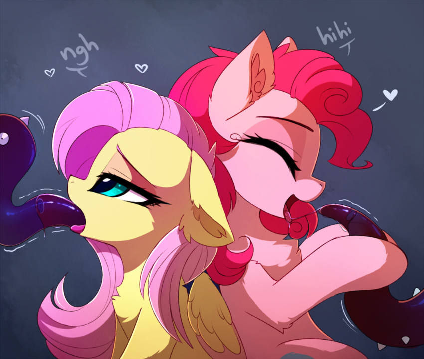 2girls blowjob closed_eyes female female_only fluttershy_(mlp) magnaluna my_little_pony open_mouth oral oral_sex pinkie_pie_(mlp) straight_hair tentacle tentacle_sex tongue tongue_out