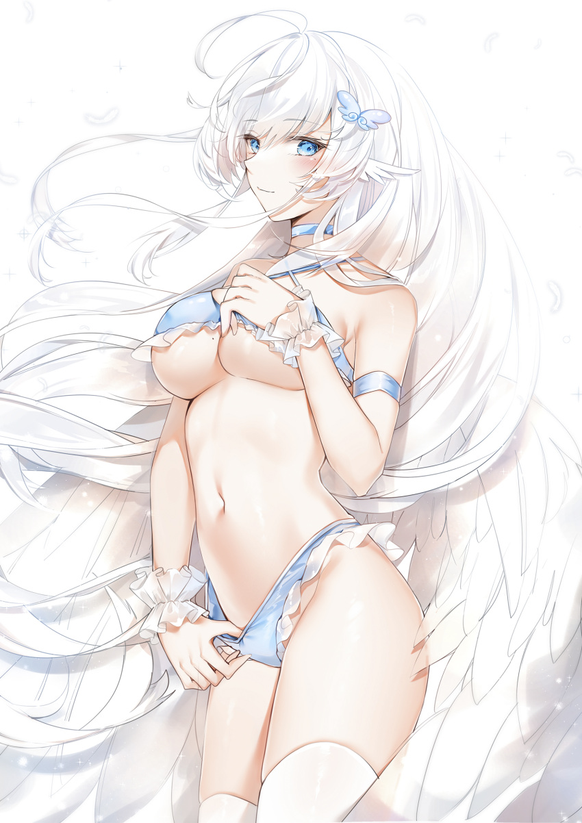 1girls angel angel_wings armband bikini blue_eyes blush breasts choker feathered_wings feathers female frills hair_ornament highres large_breasts long_hair looking_at_viewer navel original shove sidelocks solo swimsuit thighhighs underboob white_hair wings yukineko1018