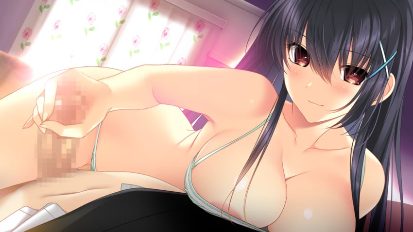 1boy areola_slip atelier_kaguya_honky-tonk_pumpkin bangs bare_arms black_hair blush breasts brown_eyes censored cleavage closed_mouth collarbone female game_cg green_panties hair_between_eyes hair_ornament handjob indoors jk_imouto. large_breasts long_hair mosaic_censoring navel panties penis shiny_skin smile spaghetti_strap tonomiya_ren underwear underwear_only very_long_hair x_hair_ornament yoppy