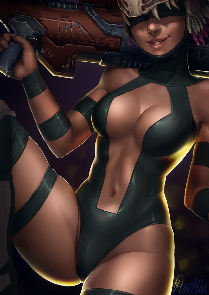 arm_strap black_legwear black_leotard breasts center_opening cleavage clothed covered_eyes dark-skinned_female dark_skin grin hunter_(quake) leg_up leotard lips medium_breasts navel no_bra nose over-kneehighs purrmia quake quake_3 rocket_launcher thick_thighs thighhighs thighs weapon