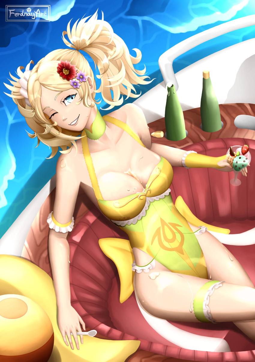 1girls ;d alcohol alternate_costume between_breasts blonde_hair blue_eyes breast bust_cup champagne cleavage curvy eating ferdnayart fire_emblem fire_emblem_awakening food food_play grin hair_flower ice_cream large_breasts legs liquid lissa_(fire_emblem) medium_hair nintendo one-piece_swimsuit seductive seductive_smile smile sole_female solo solo_female solo_focus swimsuit twintails water wink yellow_one-piece_swimsuit yellow_swimsuit