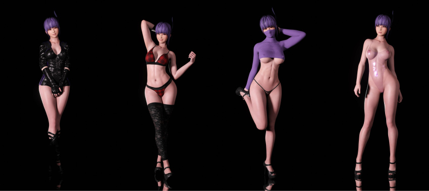 1girls 3d areolae ayane_(doa) bangs breasts breasts_out cleavage clothed dead_or_alive female female_only full_body heels looking_at_viewer mustard_sfm navel nipples panties plain_background ponytail purple_hair red_eyes smile underboob