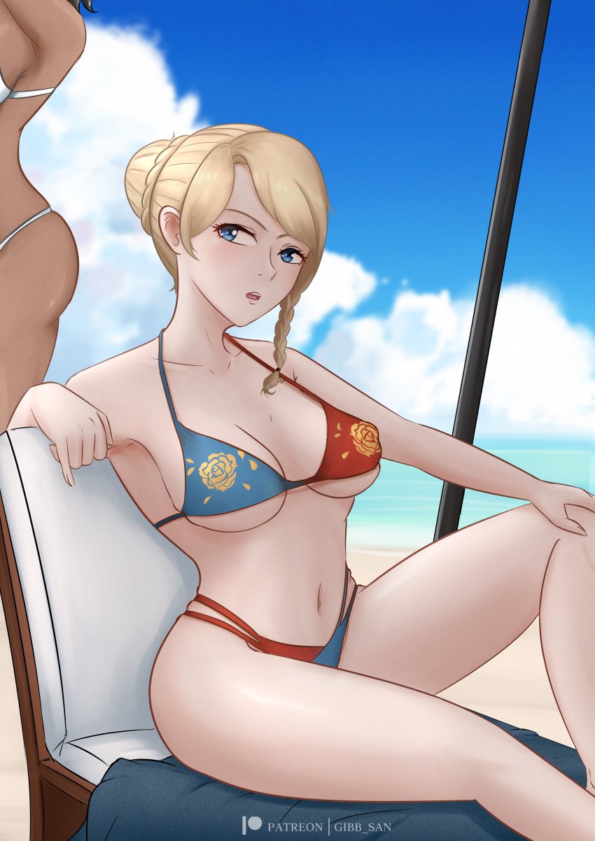 2021 2girls agitated beach beach_umbrella big_breasts bikini bikini_bottom bikini_top black_clover blonde_hair blue_eyes charlotte_roselei female gibb_san hair_bun laying_on_side light-skinned_female light_skin looking_at_viewer multiple_girls sitting sitting_on_chair sol_marron thick_thighs yellow_hair