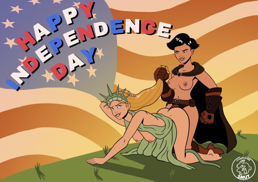 2girls 4th_of_july ambiguous_penetration america america:_the_motion_picture american american_flag black_hair blonde blonde_hair boots breasts brown_eyes cape crown crueltyfreesmut doggy_style feet female female_focus female_only gloves green_eyes hair_pull independence_day interracial large_breasts legs lesbian lezdom light-skinned_female light_skin looking_back looking_pleasured martha_washington multiple_girls national_personification nipple_piercing nipples public_domain short_hair smile statue_of_liberty_(cosplay) strap-on tagme tan-skinned_female tan_skin text thomas_edison_(america:_the_motion_picture) undercut united_states_of_america usa yuri