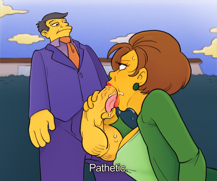 1boy 1girls big_balls big_penis comedy dissappointed_look edna_krabappel erect_nipples fellatio funny looking_down looking_up meme nipple_bulge oral pathetic pathetic_(meme) penis saliva seymour_skinner sparrow_(artist) suit testicles the_simpsons yellow_skin