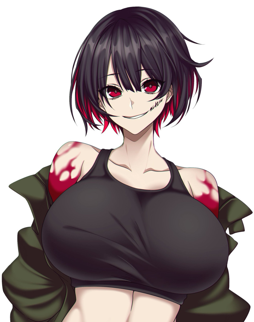 1girls big_breasts black_hair busty camui_kamui_(hz_666v) crazy crazy_eyes crazy_smile cute exposed_shoulders exposed_stomach female female_only huge_breasts large_breasts light-skinned_female light_skin looking_at_viewer original oroka_(camui_kamui) pov pov_eye_contact red_eyes scars short_hair sleeveless sleeveless_shirt smile solo stitches thin thin_waist tomboy top_heavy voluptuous