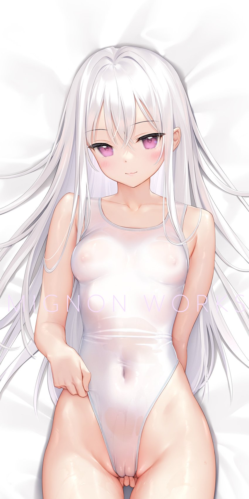 belly_button blush cameltoe mignon nipples one-piece_swimsuit original pussy school_swimsuit see-through see-through_clothing see_through shiro_(mignon) small_breasts swimsuits touching_pussy uncensored violet_eyes wet_clothes white_hair