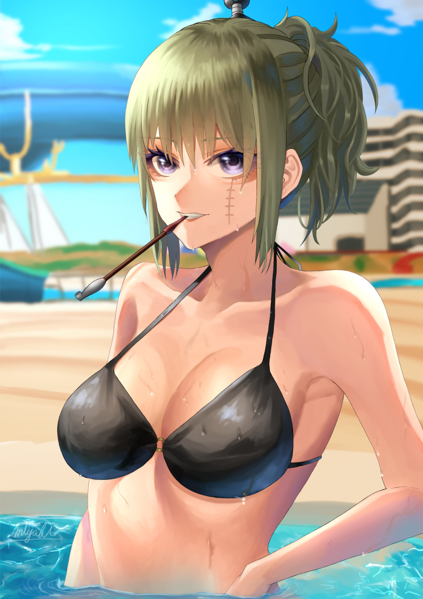 big_breasts bikini black_bikini blonde_hair cleavage facial_scar female female_only gintama hair_ornament kiseru kunoichi levi_0409 official_alternate_costume outside partially_submerged pipe ponytail pool purple_eyes scar smoking smoking_pipe solo swimsuit tsukuyo upper_body wet wet_hair wet_skin