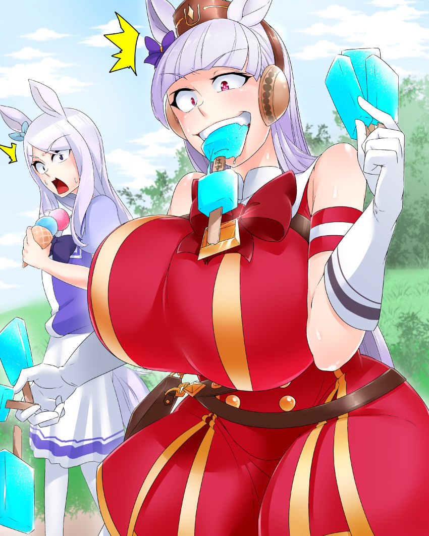 2girls animal_ears belt clothing fangs female_only gloves gold_ship_(umamusume) headphones horse_girl huge_breasts ice_cream monster_girl red_eyes ribbon skirt stuffing tagme teeth thick_thighs toro_saamonn umamusume white_hair wide_hips