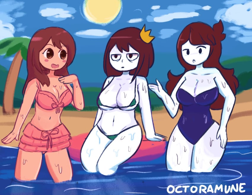 2020 3girls beach bikini brown_eyes brown_hair crown dip emirichu female_only jaiden jaiden_animations looking_at_another mob_face multiple_girls octoramune one-piece_swimsuit signature sweat sweatdrop swimsuit tabbes white_skin youtube youtuber_girl