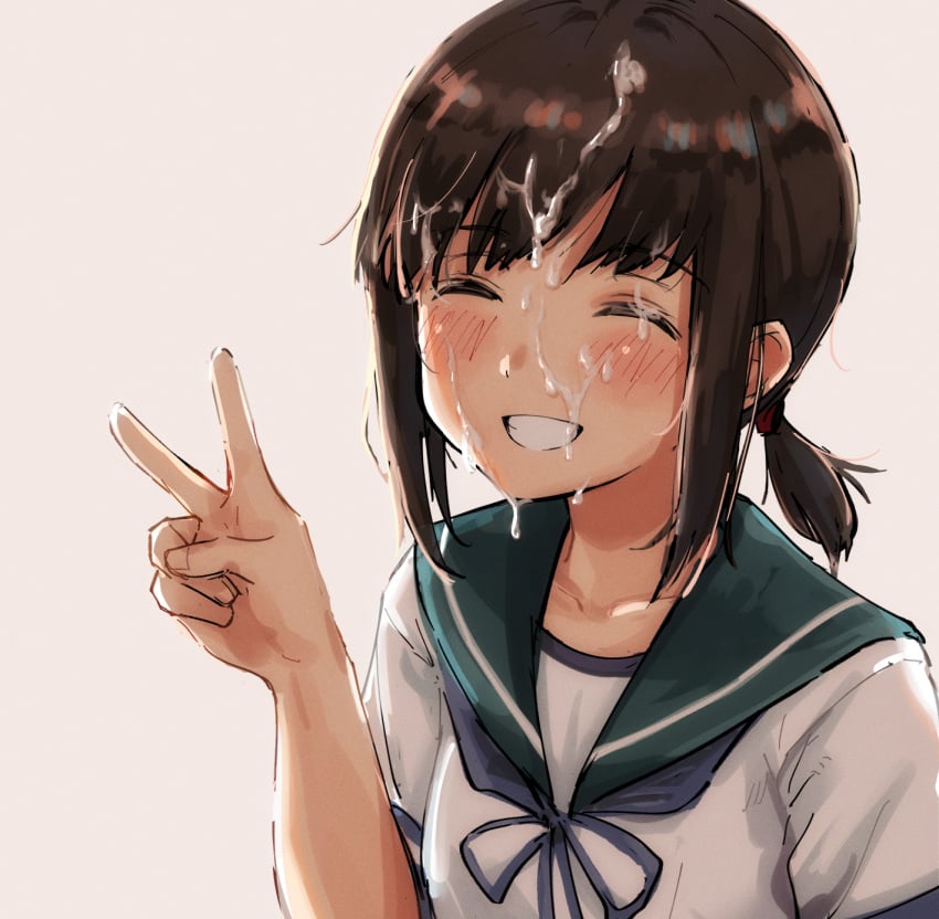 backlighting blush brown_hair closed_eyes collarbone commentary_request cum cum_on_hair emonyu facial female fubuki_(kantai_collection) grin hand_up highres kantai_collection ponytail sailor_collar school_uniform serafuku short_sleeves sidelocks simple_background smile solo upper_body v white_background