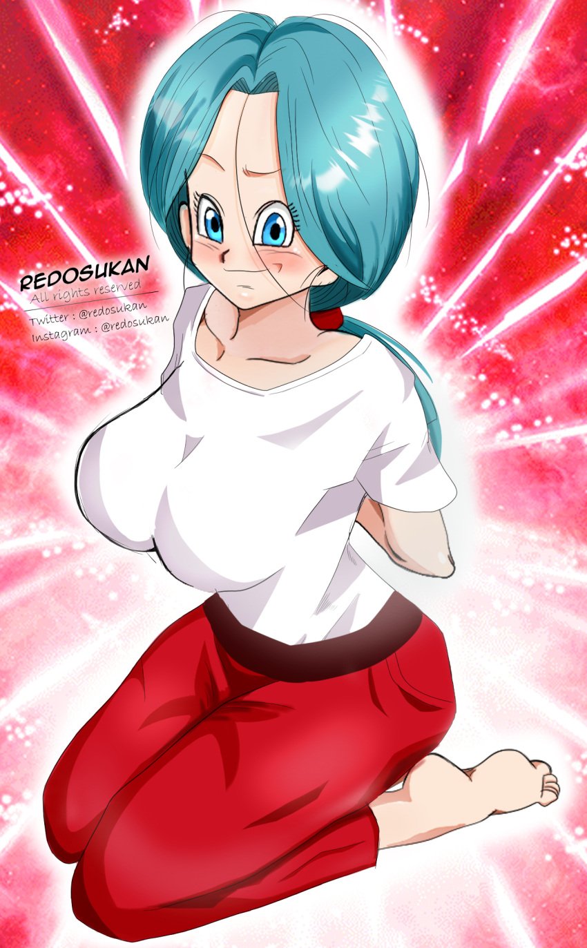 artist_name blue_eyes blue_hair blush breasts bulma bulma_briefs copyright_name dragon_ball dragon_ball_super dragon_ball_z future_bulma milf redosukan smile