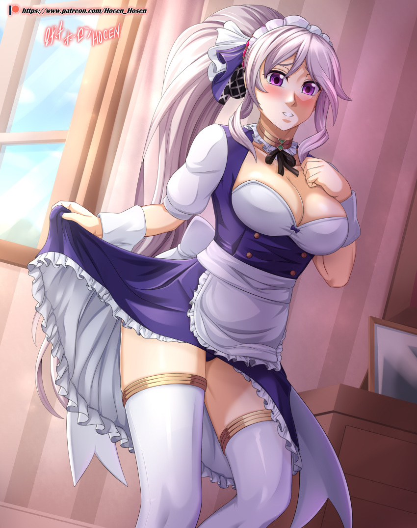 1girls absurdres bare_thighs blush cleavage clenched_teeth clothes_lift dress dress_lift fire_emblem fire_emblem:_genealogy_of_the_holy_war fire_emblem_heroes hair_ribbon hand_on_own_chest highres hocen indoors ishtar_(fire_emblem) large_breasts lifted_by_self long_hair looking_at_viewer maid maid_headdress nintendo panties pantyshot pantyshot_(standing) ponytail purple_eyes purple_hair purple_panties ribbon thighhighs upskirt very_long_hair watermark web_address white_hair window