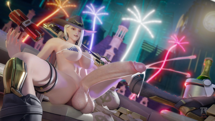 1futa 3d 4th_of_july areolae ashe_(overwatch) balls big_breasts blender breasts cum erection futa_only futanari huge_cock large_breasts nipples overwatch penis solo testicles unnero1