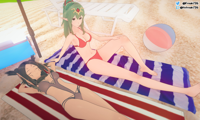 2girls 3d arms_behind_head ball bare_legs barefoot beach beach_ball bikini breasts brown_hair brown_one-piece_swimsuit brown_swimsuit closed_eyes dark-skinned_female dark_skin fefreak726 female female_only fire_emblem fire_emblem_awakening green_eyes green_hair large_breasts legs long_hair looking_at_viewer medium_breasts medium_hair multiple_girls nintendo on_back on_towel one_eye_closed outdoors panne_(fire_emblem) pointy_ears ponytail rabbit_girl red_bikini red_swimsuit relaxing smile swimsuit tiki_(adult)_(fire_emblem) tiki_(fire_emblem) towel twintails