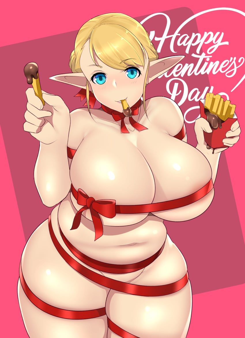 1girls 2021 alto-kun belly big_breasts blonde_hair blue_eyes breasts chocolate chocolate_syrup cleavage curvy elf elf-san_wa_yaserarenai elf_ears elfuda fat female female_focus female_only food fries hi_res holding_food holding_object huge_breasts humanoid looking_at_viewer naked_ribbon navel no_bra no_panties overweight pale-skinned_female pale_skin pink_background plump png pointy_ears potato red_background red_ribbon ribbon simple_background slightly_chubby smile solo solo_female solo_focus stomach thick_thighs thighs two_tone_background voluptuous wide_hips