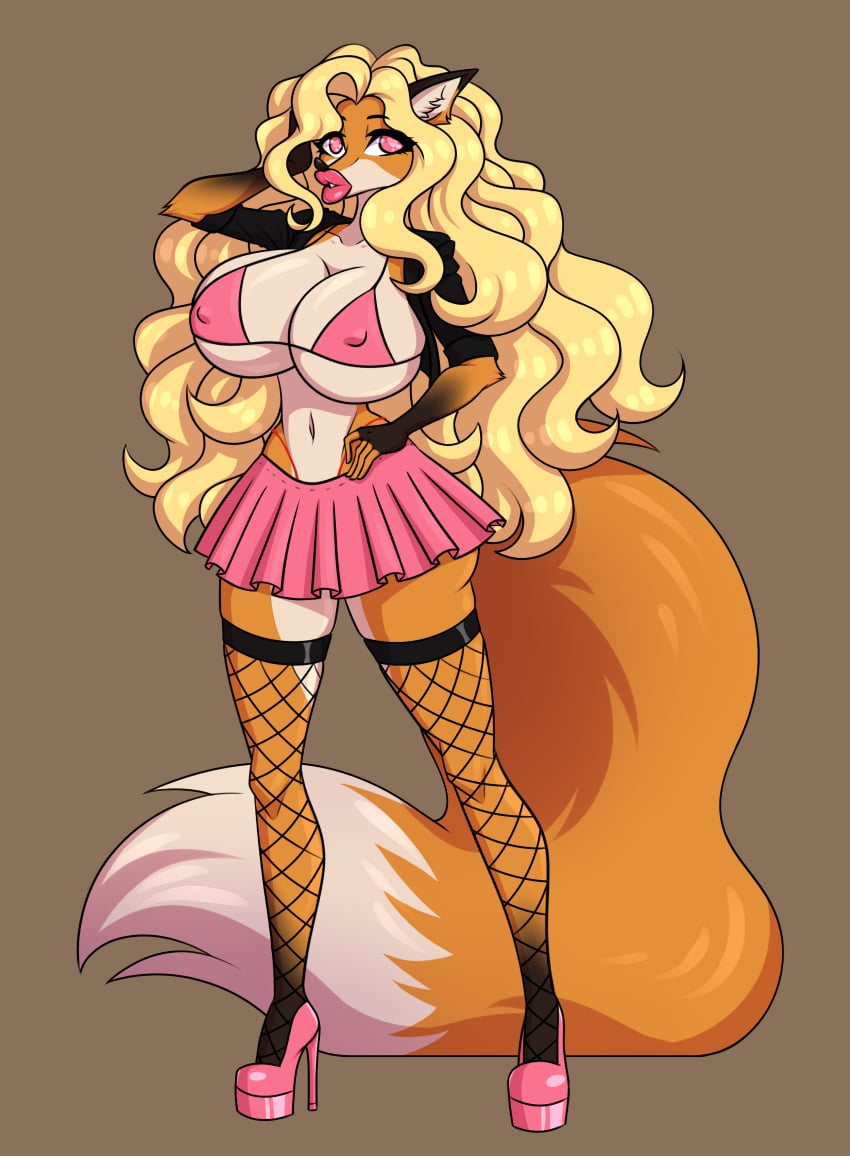 anthro bimbo blonde_hair female fishnets fox fox_girl high_heels large_breasts maxtyan-tf miniskirt pink_bra