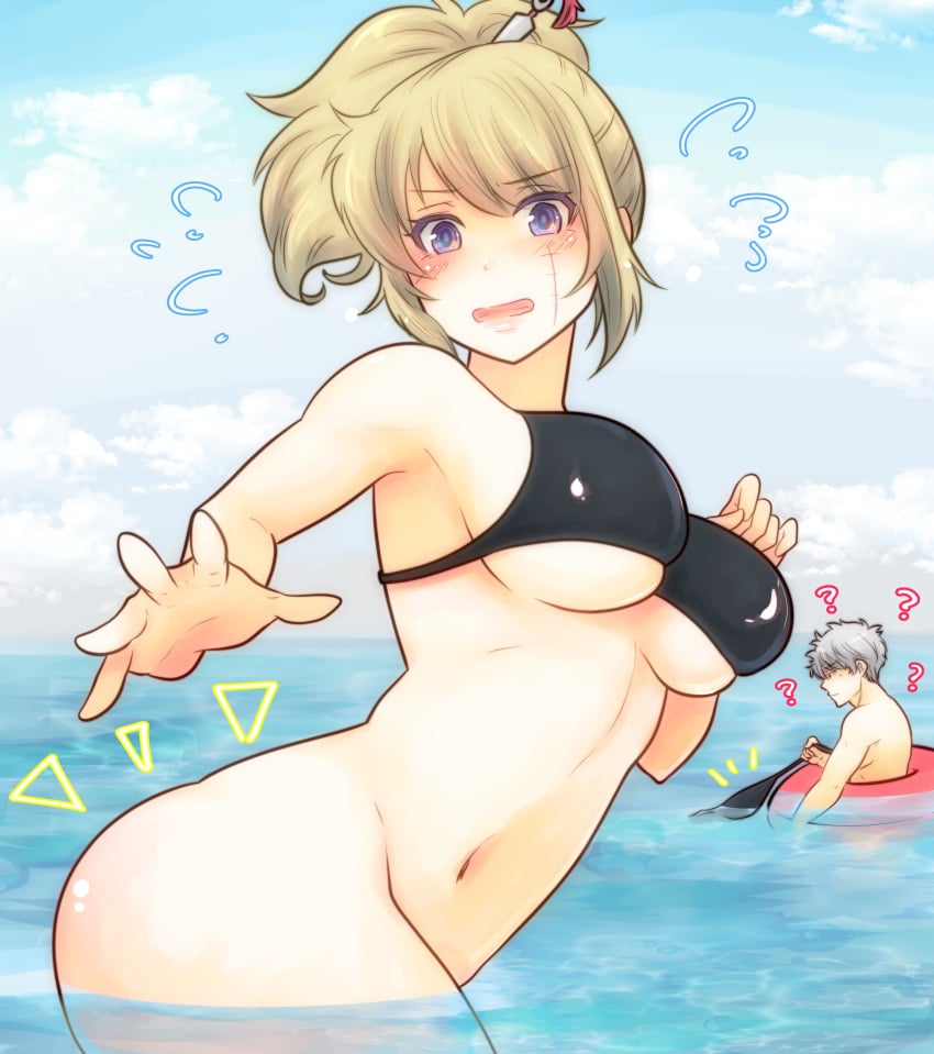 1boy 1girls ? accidental_exposure beach big_breasts bikini black_bikini blonde_hair bottomless embarrassed facial_scar female female_focus gintama gintoki_sakata hair_ornament innertube looking_at_viewer male ocean official_alternate_costume outside paleatus partially_submerged ponytail purple_eyes scar swimsuit tied_hair tsukuyo underboob wardrobe_malfunction