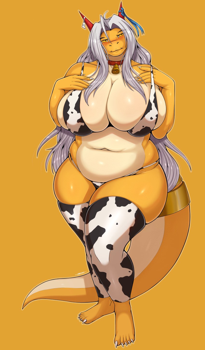 1girls aisyah_zaskia_harnny big_ass big_breasts cow_bikini cow_print dragon female harnny horns solo tail yellow_skin