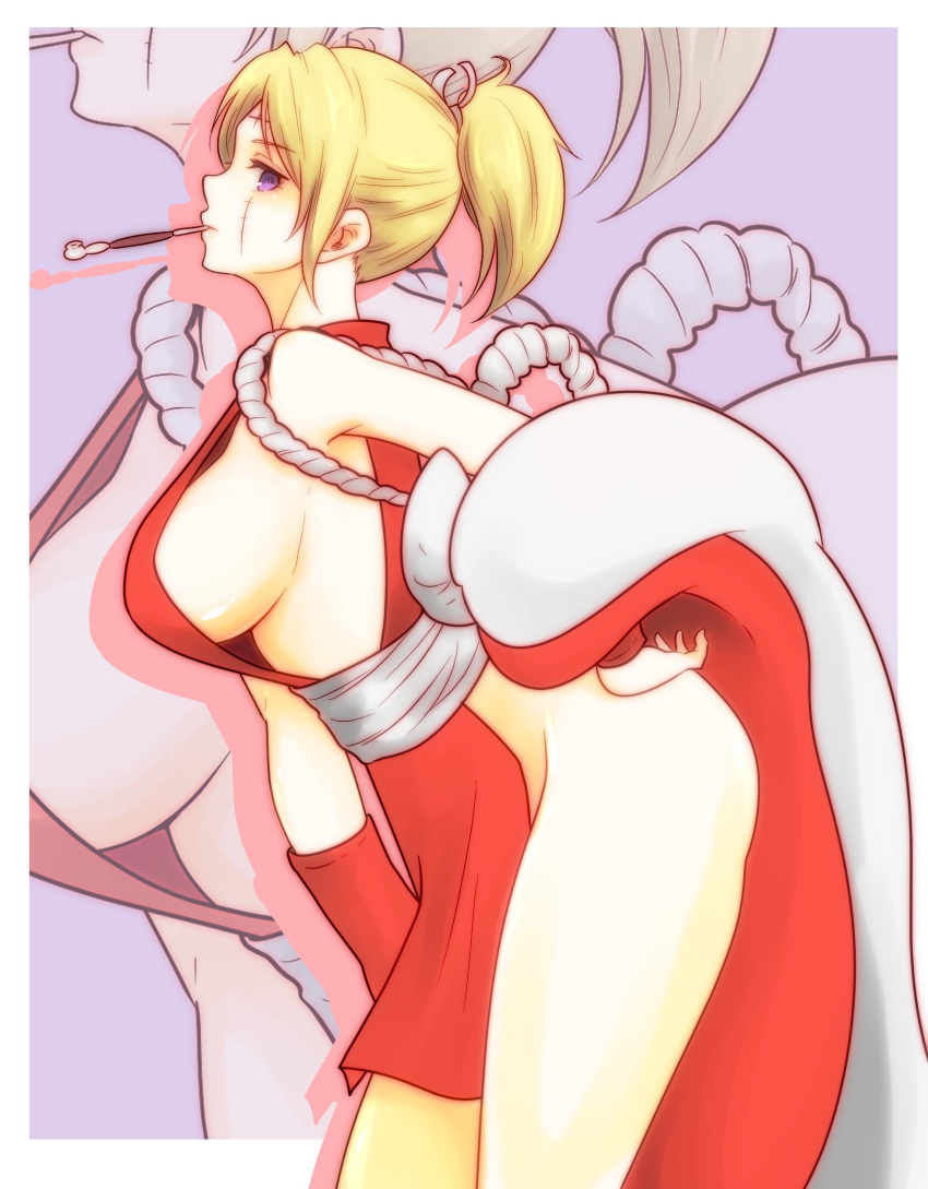 big_breasts blonde_hair female female_only gintama kimono kiseru kunoichi mai_shiranui_(cosplay) no_bra no_panties paleatus ponytail purple_eyes scar sideboob smoking smoking_pipe solo tsukuyo