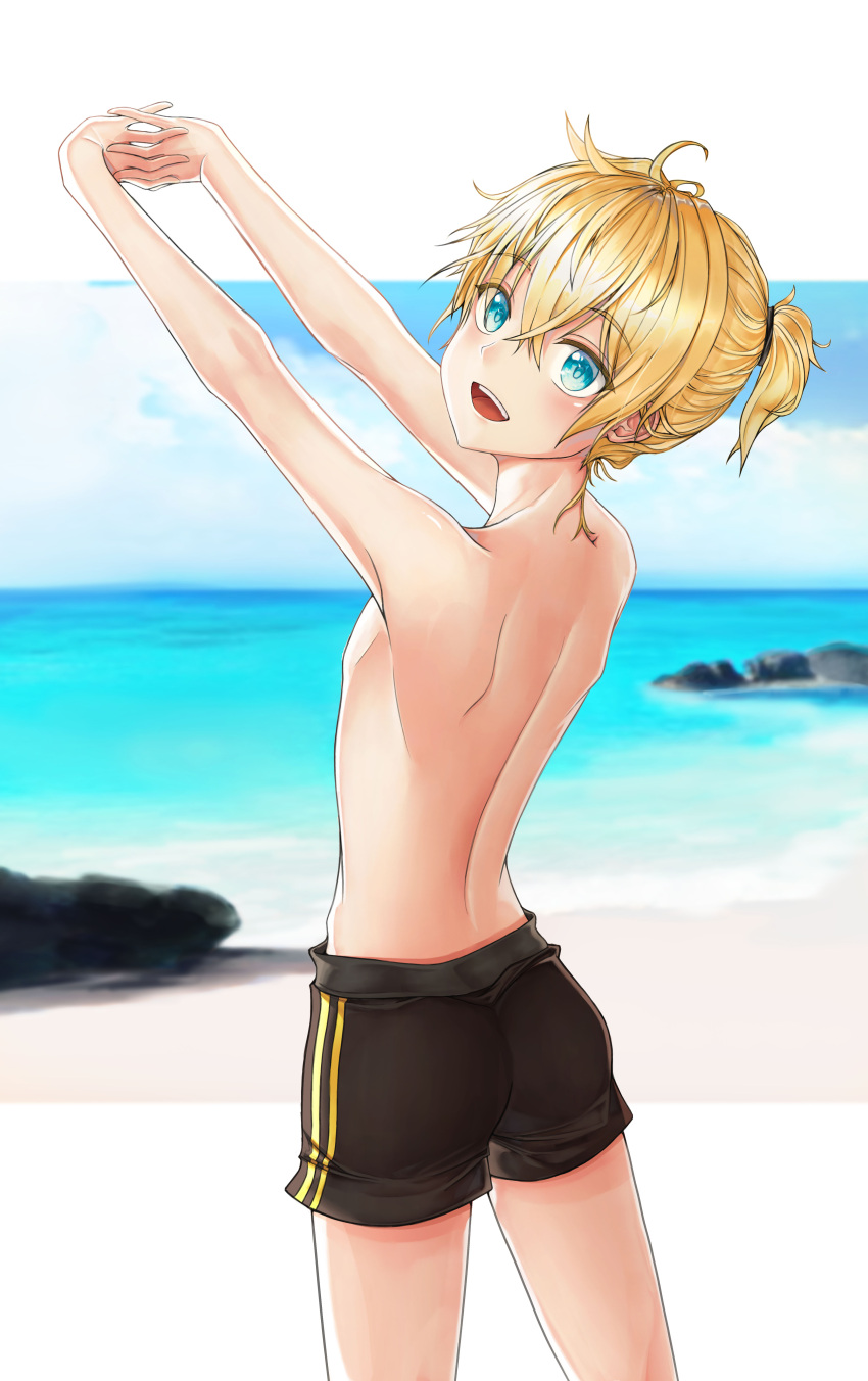 1boy ass beach blonde_hair blue_eyes butt cute cute_male junnn0318 kagamine_len male male_only male_swimwear ocean open_mouth sea solo solo_male summer swimwear vocaloid