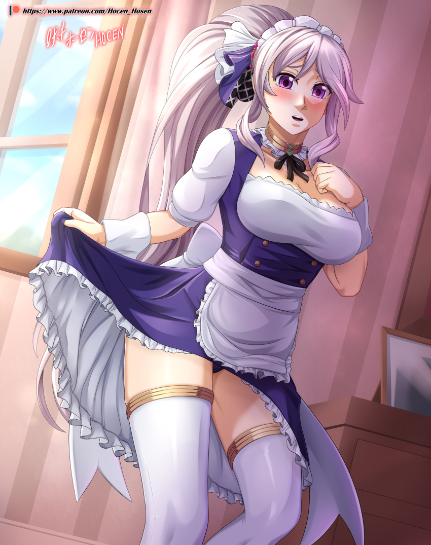 1girls absurdres bare_thighs blush cleavage clothes_lift dress dress_lift fire_emblem fire_emblem:_genealogy_of_the_holy_war fire_emblem_heroes hair_ribbon hand_on_own_chest highres hocen indoors ishtar_(fire_emblem) large_breasts long_hair looking_at_viewer maid maid_headdress nintendo open_mouth panties pantyshot pantyshot_(standing) ponytail purple_eyes purple_hair purple_panties ribbon thighhighs upskirt very_long_hair watermark web_address white_hair window