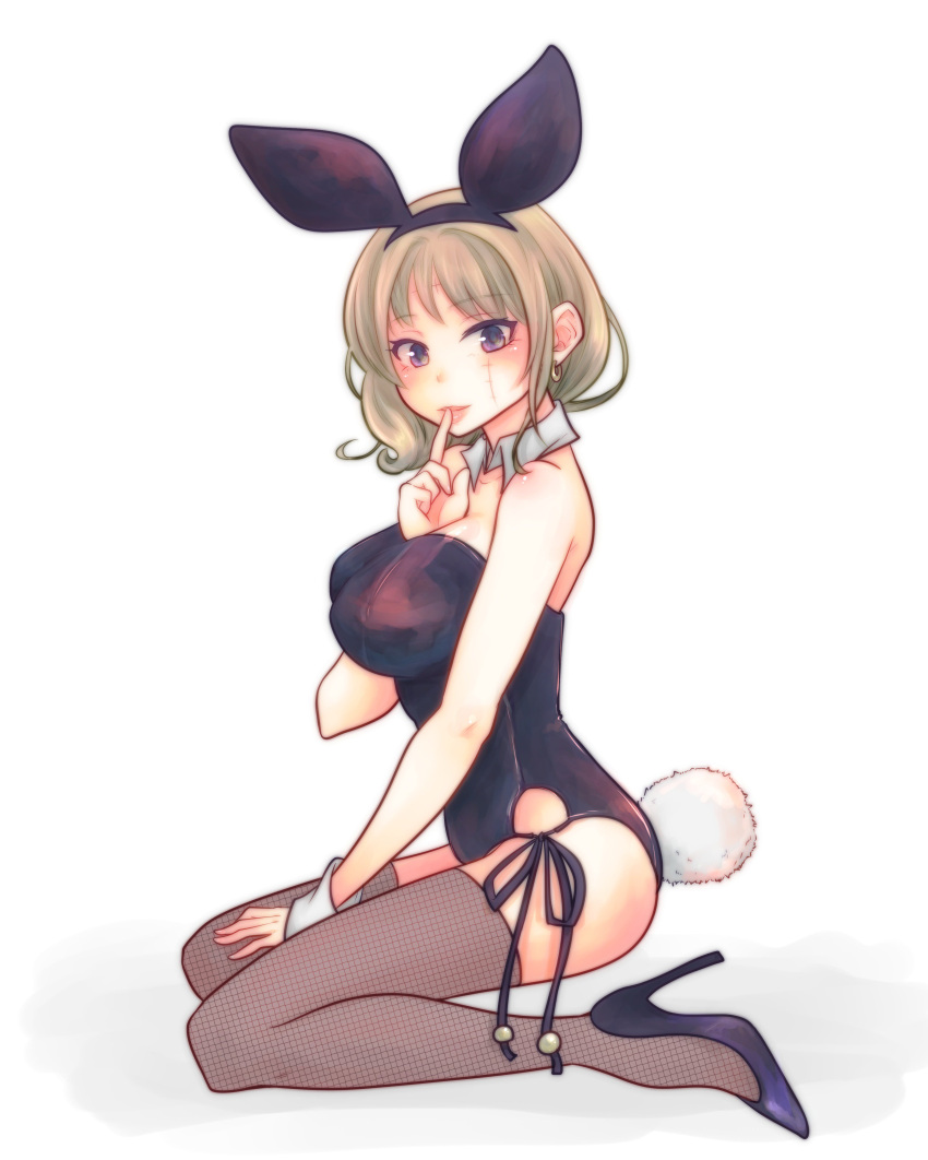 alternate_costume big_breasts blonde_hair bunny_ears bunny_girl bunny_tail bunnysuit female female_only fishnet_stockings fishnets gintama high_heels kneeling looking_at_viewer paleatus playboy_bunny purple_skin scar solo tsukuyo