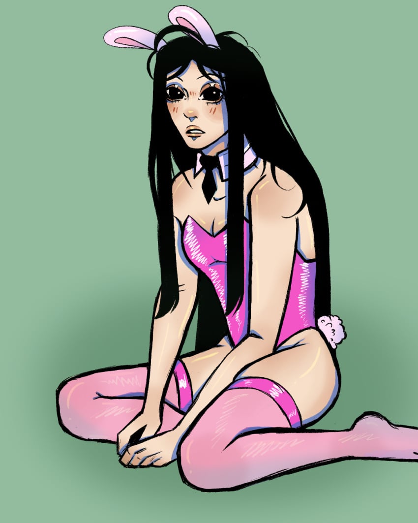 black_hair bunny_boy bunny_ears bunny_tail bunnysuit clothed hunter_x_hunter illumi_zoldyck long_hair male_only sitting stockings