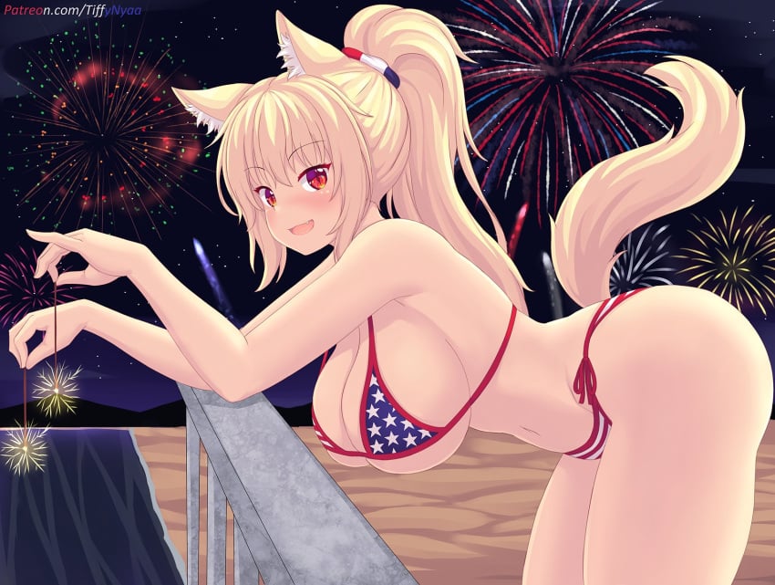 1girls 2021 4th_of_july american_flag_bikini artist_signature ass ass_up bare_legs bending_over bikini blonde_hair blush breasts cat_ears cat_tail catgirl cleavage cute_fang female female_focus female_only fireworks fluffy_ears fluffy_tail hanging_breasts huge_breasts leaning_on_railing long_hair long_ponytail looking_at_viewer night ponytail railing red_eyes side-tie_bikini side_view sideboob simple_background smile smiling_at_viewer sparkler tail thick_thighs thighs tied_hair tiffy tiffynyaa underboob