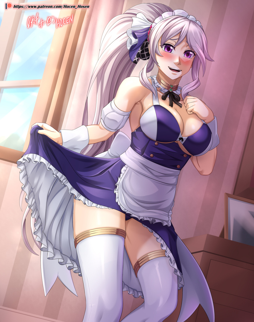 1girls absurdres armpits bare_thighs blush cleavage clothes_lift dress dress_lift fire_emblem fire_emblem:_genealogy_of_the_holy_war fire_emblem_heroes hair_ribbon hand_on_own_chest heavy_blush highres hocen indoors ishtar_(fire_emblem) large_breasts lifted_by_self long_hair looking_at_viewer maid maid_headdress nintendo open_mouth open_smile panties pantyshot ponytail purple_eyes purple_hair purple_panties ribbon smile thighhighs upskirt very_long_hair watermark web_address white_hair window