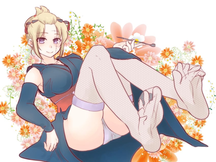 armwear blonde_hair feet female female_only fishnet_stockings fishnet_thighhighs fishnets foot_fetish foot_focus gintama kimono kiseru no_shoes paleatus panties purple_eyes scar smoking_pipe soles solo toes tsukuyo white_panties