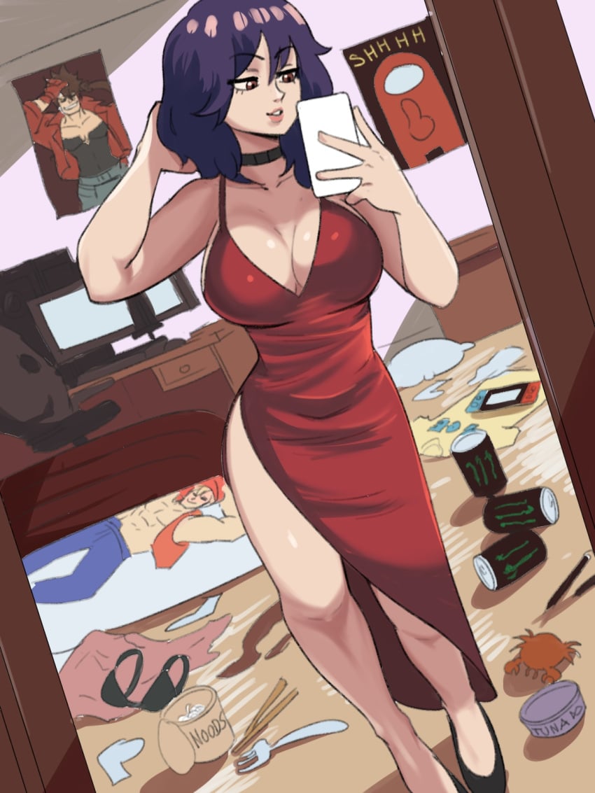 1girls big_breasts breasts brown_eyes cleavage dress high_slit_dress monster_energy original original_character purple_hair selfie solo solo_female thighs tina_(tinafate1) tinafate1