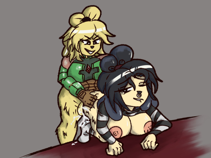 1futa 1girls ambiguous_penetration animal_crossing anthro breasts canine cum furry futa_on_female futanari goth gothabelle isabelle_(animal_crossing) large_breasts nintendo nipples nose_ring power_armor rose_dax rosededax selfcest year_request