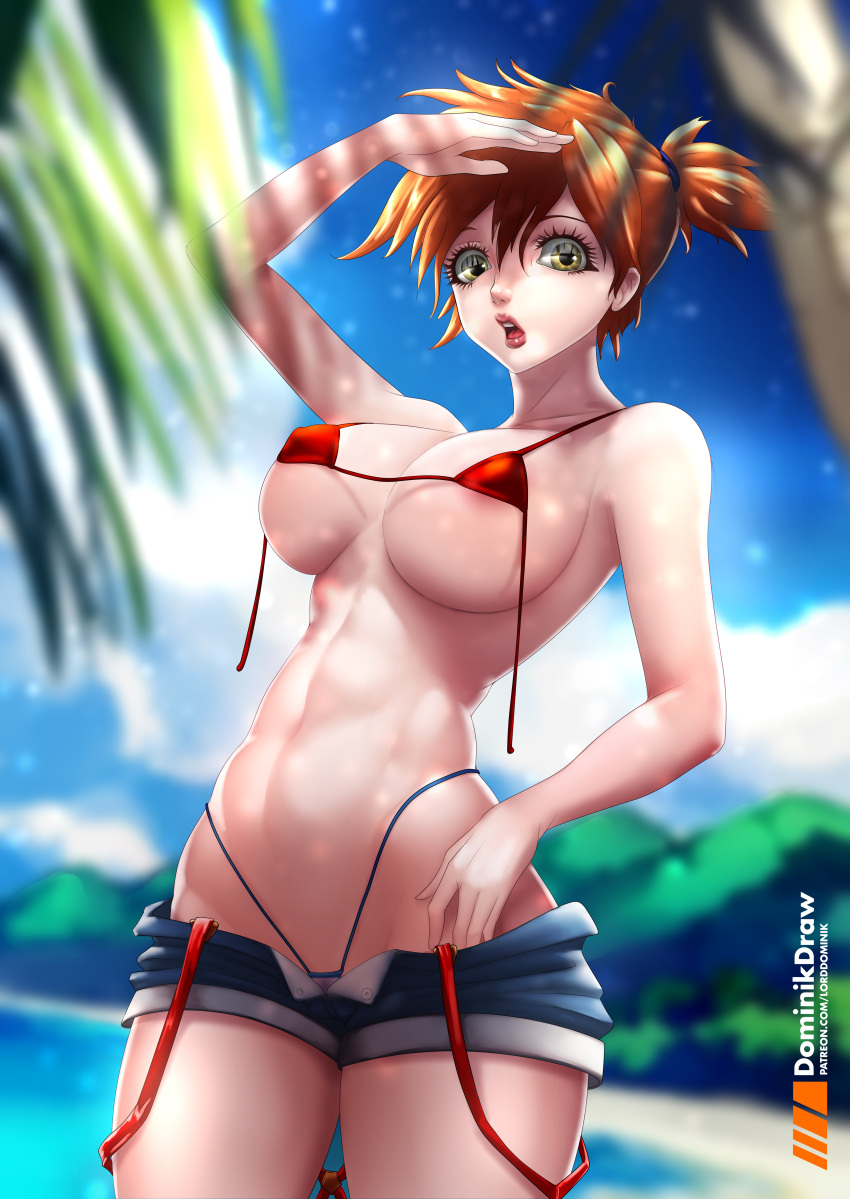 abs alternate_breast_size asymmetrical_hair bikini_top breasts clothing cowboy_shot denim denim_shorts female female_only female_solo game_freak green_eyes gym_leader high_resolution hips huge_breasts kasumi_(pokemon) large_breasts large_filesize legs looking_at_viewer lord_dominik muscle navel nintendo open_mouth orange_hair palm_tree pokemon pokemon_(anime) pokemon_(classic_anime) pokemon_(game) pokemon_rgby ponytail red_hair shoes short_hair short_shorts shorts side_ponytail solo suspenders thighs thong tied_hair tight_clothes tree underwear very_high_resolution water wide_hips