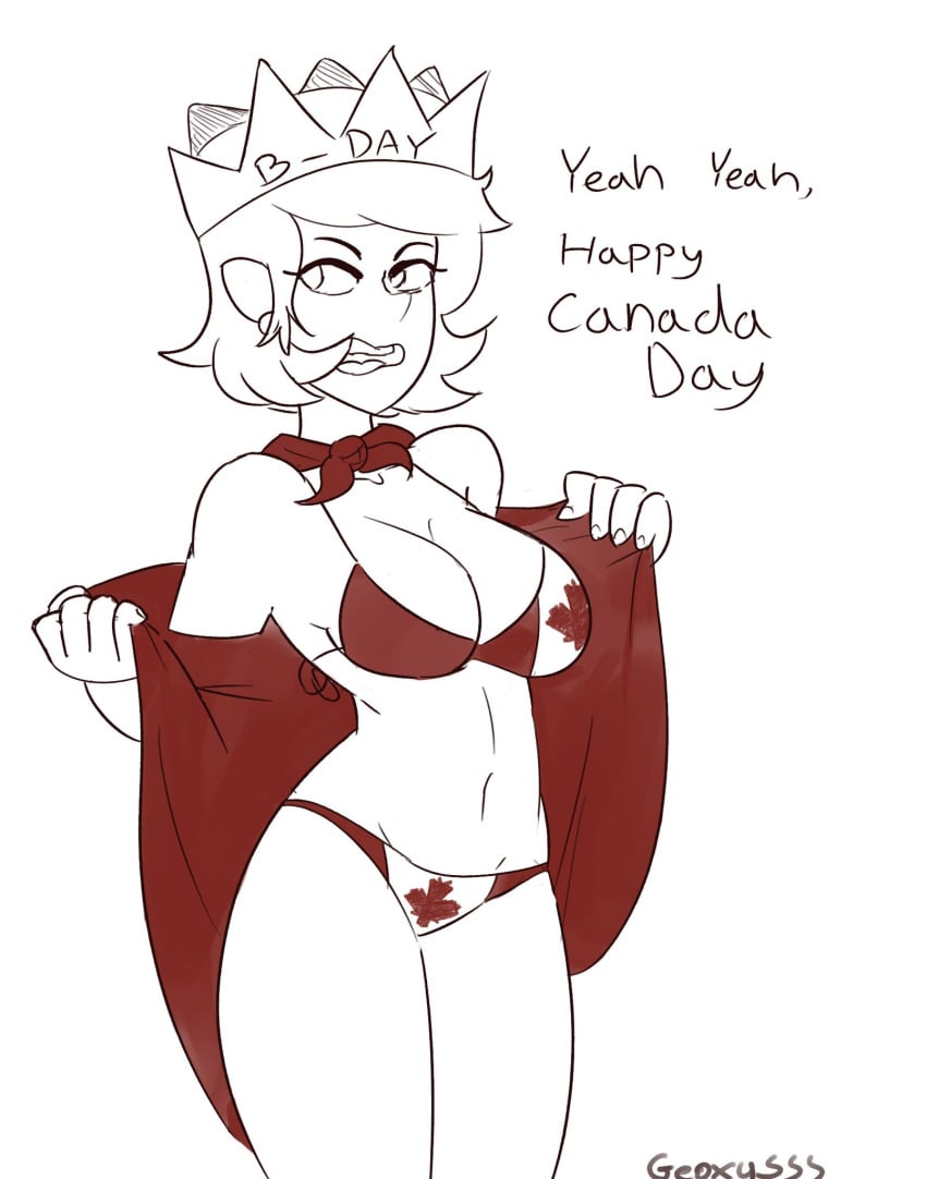 1girls 2021 bikini breasts canada canada_(countryhumans) canada_(egobuzz) canada_day countryhumans countryhumans_girl crown dialogue female flag flag_bikini geoxysss maple_leaf personification solo_female